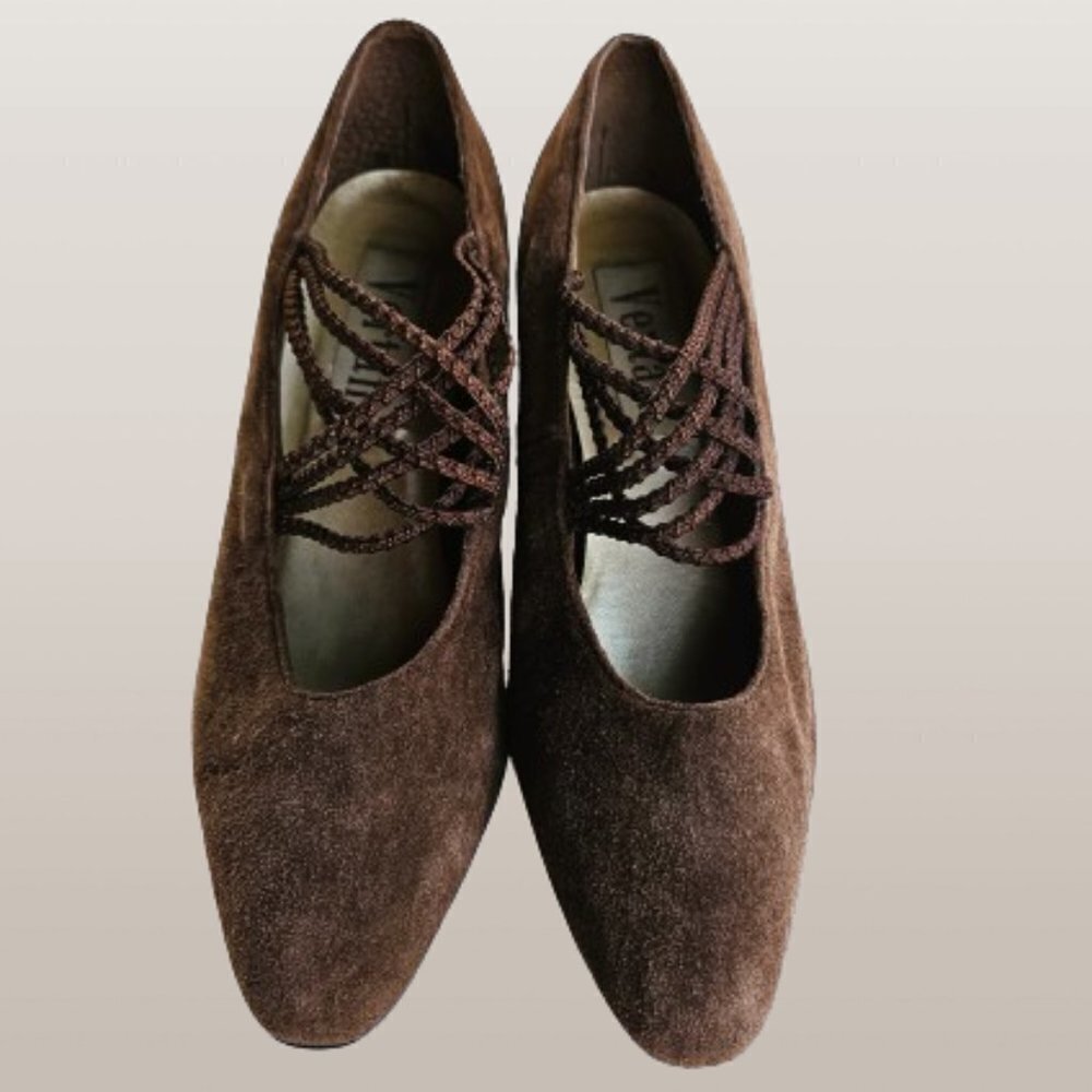 Vertan Brown Leather Suede Criss-Cross Elastic Strap Pumps -  Size 8M